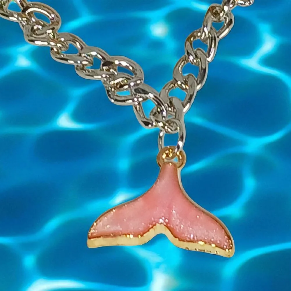 White Gold Ankle Bracelet with Pink Mermaid Tail Preppy Oceancore Seaside Beachy